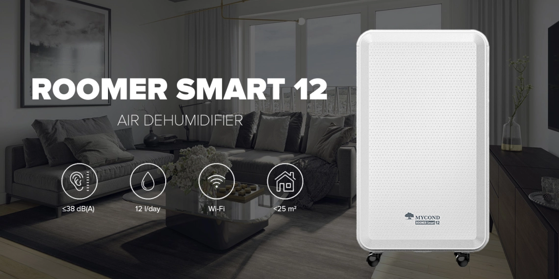 Déshumidificateur compact MyCond Roomer Smart 12 conçu pour une utilisation résidentielle à lintérieur.