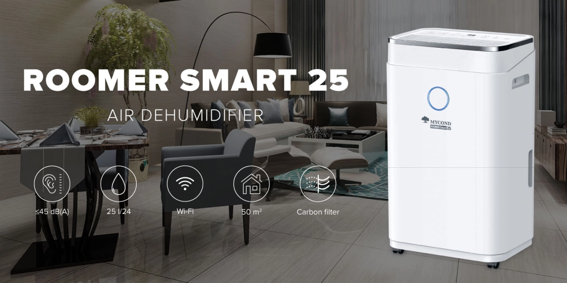 Déshumidificateur dair compact MyCond Roomer Smart 25 pour les grandes pièces.