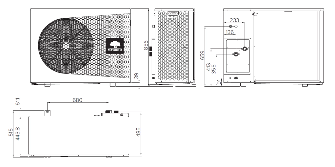 Schéma présentant les dimensions de la pompe à chaleur monobloc compacte MyCond BeeThermic.