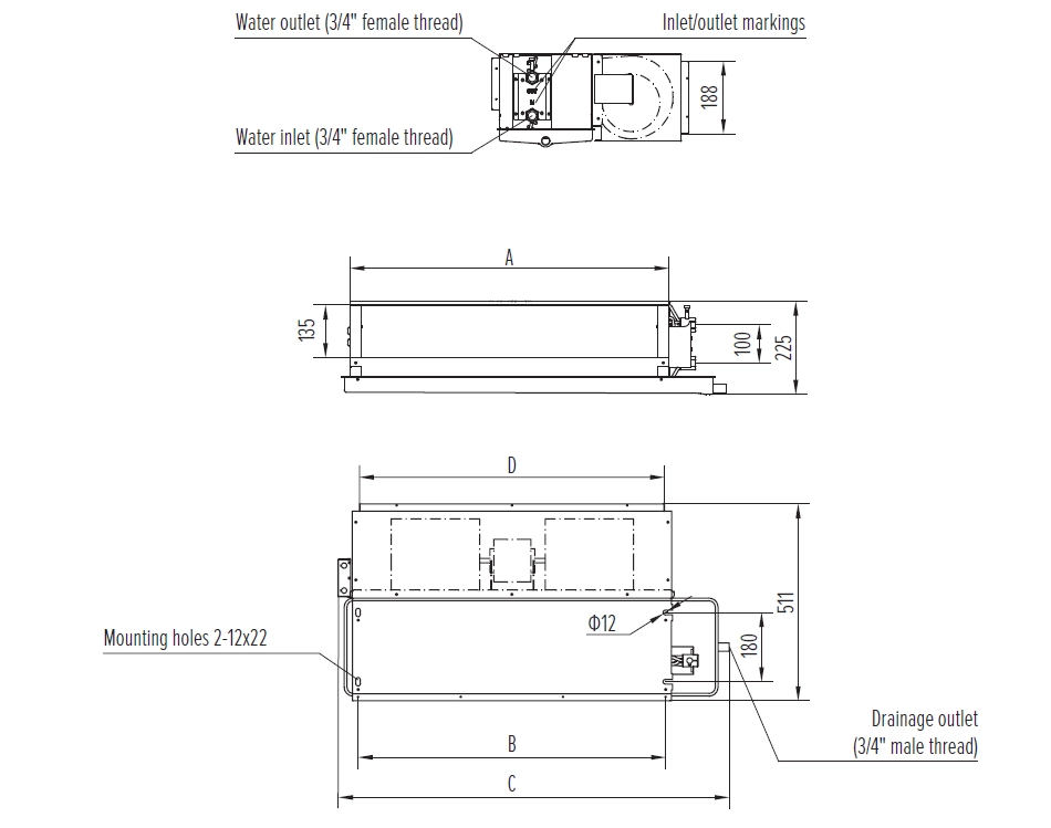 Diagramme montrant les dimensions des ventilo-convecteurs Medium ESP de la série MyCond MCFC.