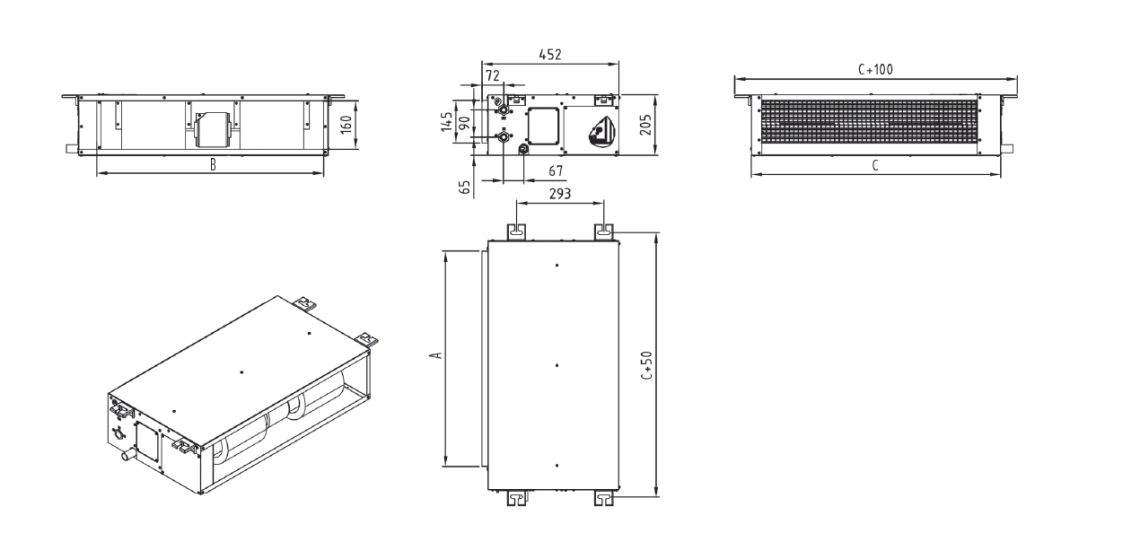 Schéma des dimensions du ventilo-convecteur de la série MyCond MCFDS.