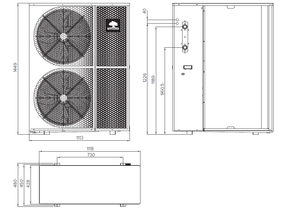 Dimensions et spécifications de lunité extérieure MyCond BeeThermic.