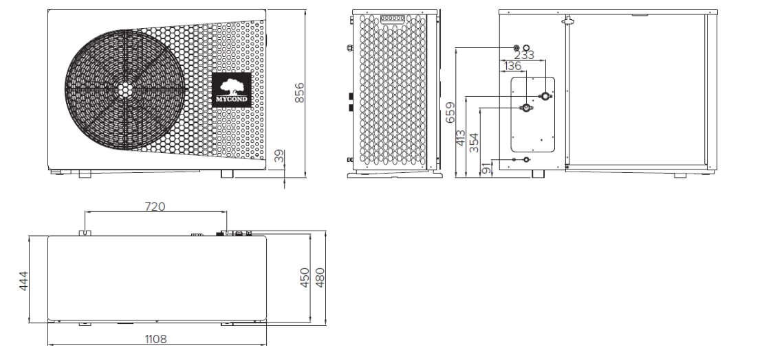 Schéma dencombrement des pompes à chaleur monoblocs de la série MyCond BeeThermic.