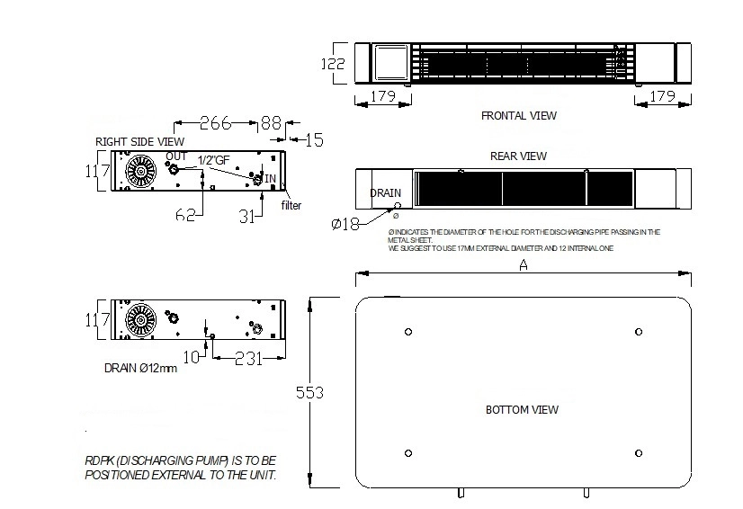 Dimensions du ventilo-convecteur au sol MyCond Silver Glass series.