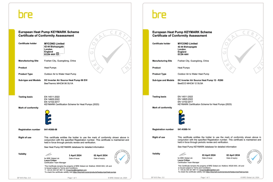 Pompes &agrave; chaleur Mycond certifi&eacute;es par Keymark pour conformit&eacute; &agrave; l'efficacit&eacute;.