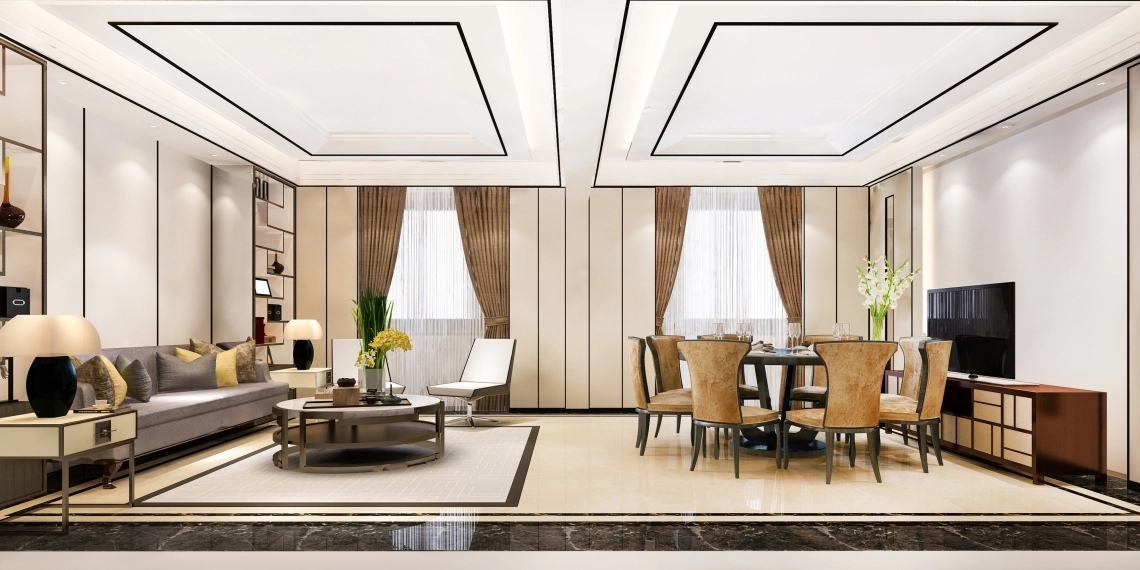 MyCond Une salle à manger et un salon luxueux et moderne où une pompe à chaleur est intégrée au décor.