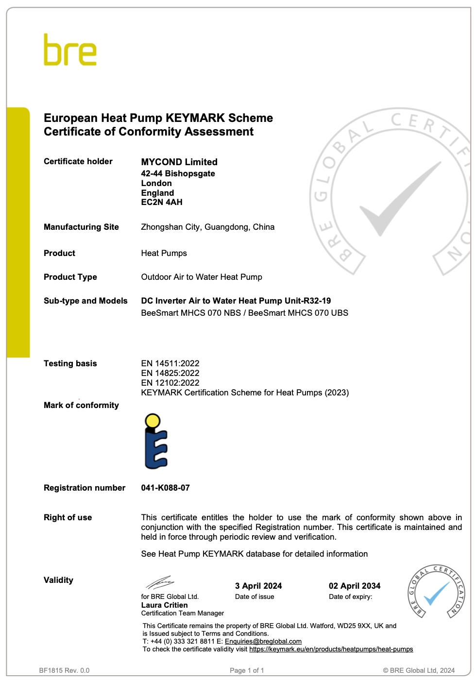 MyCond BeeSmart All-in-One Certificat KEYMARK