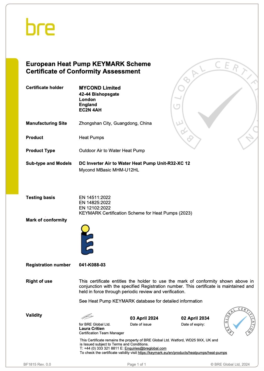 Certificat de conformité MyCond MBasic KEYMARK