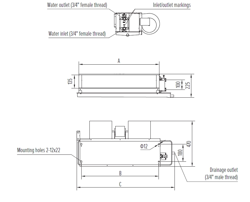 MyCond MCFC Diagramme du ventilo-convecteur Medium ESP dimensions et spécifications.