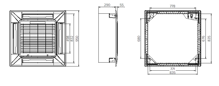 MyCond MCFK-T2 Ventilateur hélicoïdal à cassette 4 voies pour plafond, au design élégant et épuré.