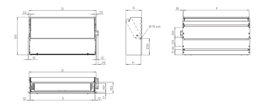 MyCond SEC/F Diagramme des dimensions du ventilo-convecteur pour la régulation du chauffage et du refroidissement.