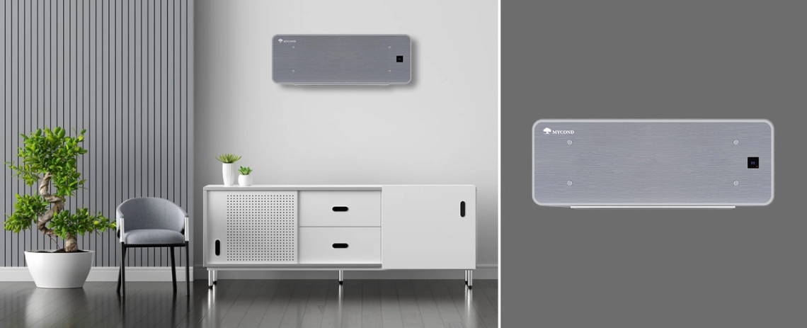 MyCond Silver Glass Wall Ventilo-convecteur ultra-mince avec un design en verre argenté et des commandes intuitives.